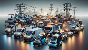 Realistic high-definition illustration of a fleet of electric utility vehicles set to transform the utility industry. The scene should depict a variety of utility vehicles - including repair trucks, maintenance vans, and inspection cars - all electrically powered and ready for delivery. There's an air of anticipation as these technologically advanced, eco-friendly vehicles stand poised to revolutionize the industry, with their batteries fully charged and ready for the tasks ahead.