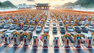 High-definition, realistic scene of an unprecedented surge in electric vehicle charging during the Spring Festival. Picture rows of electric charging stations filled to capacity with a wide array of electric vehicles of various styles and sizes. It's daytime, the sun is out, and the sky is clear. Show colorful festive decorations reflecting Spring festival traditions around the charging stations, thereby juxtaposing the traditional festivities with modern sustainability efforts.