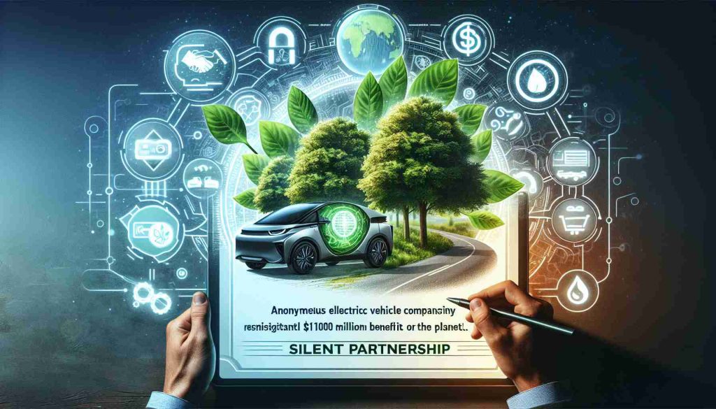 Generate a realistic, high-definition photo illustrating the concept of an anonymous electric vehicle company's 'Silent Partnership'. The key feature should be environmentally friendly advancements representing a substantial $100 Million benefit for the planet. Elements might include an electric vehicle, trees, a healthy environment, and symbolic representations of financial investment and success.