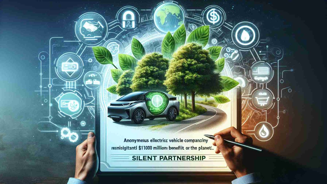 Generate a realistic, high-definition photo illustrating the concept of an anonymous electric vehicle company's 'Silent Partnership'. The key feature should be environmentally friendly advancements representing a substantial $100 Million benefit for the planet. Elements might include an electric vehicle, trees, a healthy environment, and symbolic representations of financial investment and success.