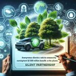 Generate a realistic, high-definition photo illustrating the concept of an anonymous electric vehicle company's 'Silent Partnership'. The key feature should be environmentally friendly advancements representing a substantial $100 Million benefit for the planet. Elements might include an electric vehicle, trees, a healthy environment, and symbolic representations of financial investment and success.