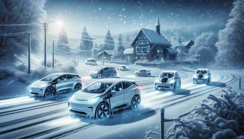 High definition image showing electric vehicles defying harsh winter conditions. The scene showcases the resilience and robustness of these advanced technologies against cold weather environments. Displaying their efficient and adaptive mechanisms such as heated seats and thermal management systems in a snowy landscape, with icy roads and falling snowflakes. The background houses are covered with a white blanket of snow, the trees are frosty, and the stillness of the scene is disrupted only by the gentle movements of the electric vehicles, confidently navigating the slippery roads.