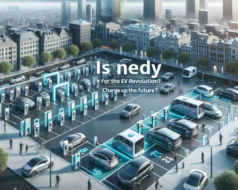 A realistic high-definition image showcasing the future concept of electric vehicle (EV) revolution in a typical city. The city has a modern, eco-friendly vibe with arrays of EV charging stations spread across parking areas and streets. Included in the image are a variety of electric vehicles being charged, people interacting with the charging stations, and subtly integrated text that questions, 'Is the City Ready for the EV Revolution? Charge Up the Future'.