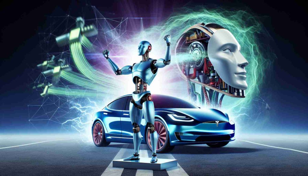 A high-definition digital illustration that visualizes the concept of a humanoid robotic figure, referred to as an android, celebrating a prominent victory. The scene also extends to depict a contemporary electric car, implying the popular brand, Tesla's, new update that revolutionizes the status quo. At the background, incorporate a dramatic transformation, possibly a shift from an old-school gasoline vehicle to an electric car.