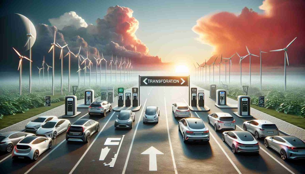 A high-definition, realistic depiction of a scene symbolizing 'Big Changes Ahead for Electric Vehicle (EV) Buyers'. The scene can include an assortment of electric cars at the forefront suggesting change, a road ahead with arrow or transformation signs, and a backdrop of a setting sun indicating the end of an era. We should also include an empty slot or grayed out slot at an EV charging station to signify the disappearance of incentives.