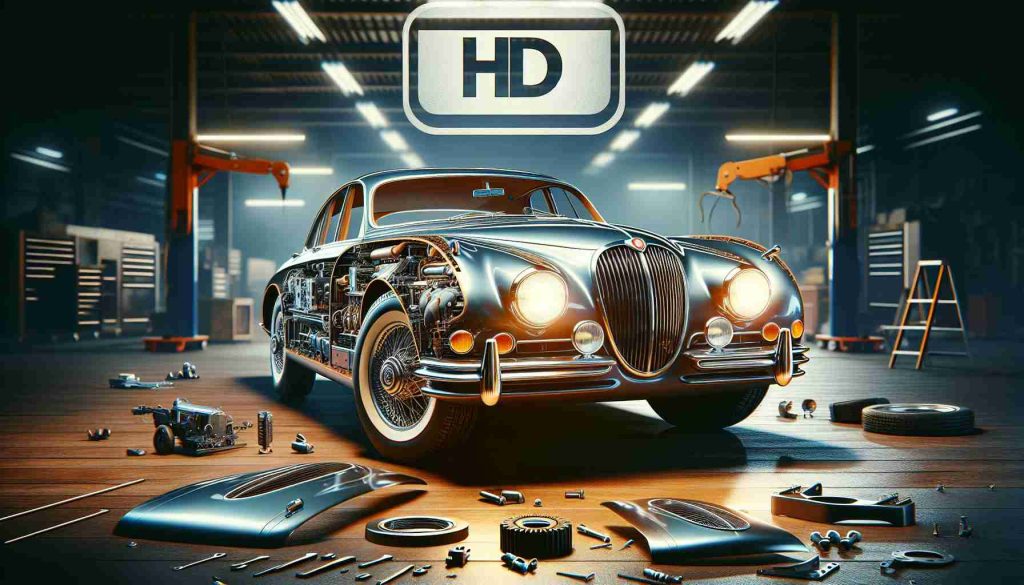 An HD depiction of a classic Jaguar car model undergoing a transformation, with visible elements of modern car design being incorporated into it. The scene may include a workshop setting along with car parts scattered around, signaling the revamp process. The Jaguar logo can be seen prominently over the car. Expect to see a beautiful contrast between the classic design and the modern elements as the car brand's legacy is being revamped.