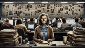 High-definition image capturing the incredible journey of a Caucasian female newsroom veteran. Depict the setting of a bustling newsroom with computers, papers, and several journalists of varied descents and genders. Central to the image, feature the veteran journalist, her face marked by wisdom and experience. Depict her story using symbolic elements like a well-worn reporter's notebook, a plethora of press badges from various locations, a half-consumed cup of coffee, and a wall full of framed front pages she has contributed to.