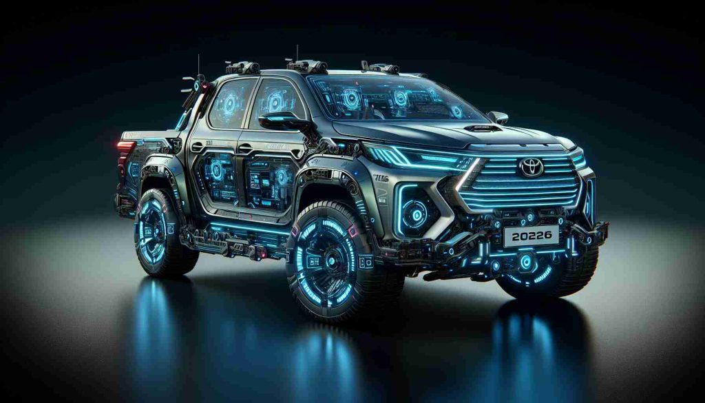 High definition, realistic illustration of a futuristic 2026 Toyota Hilux with advanced technological features. The vehicle is depicted as groundbreaking and ahead of its time, giving a peek into what the future of automotives might hold. Note the innovative designs and tech-oriented enhancements.