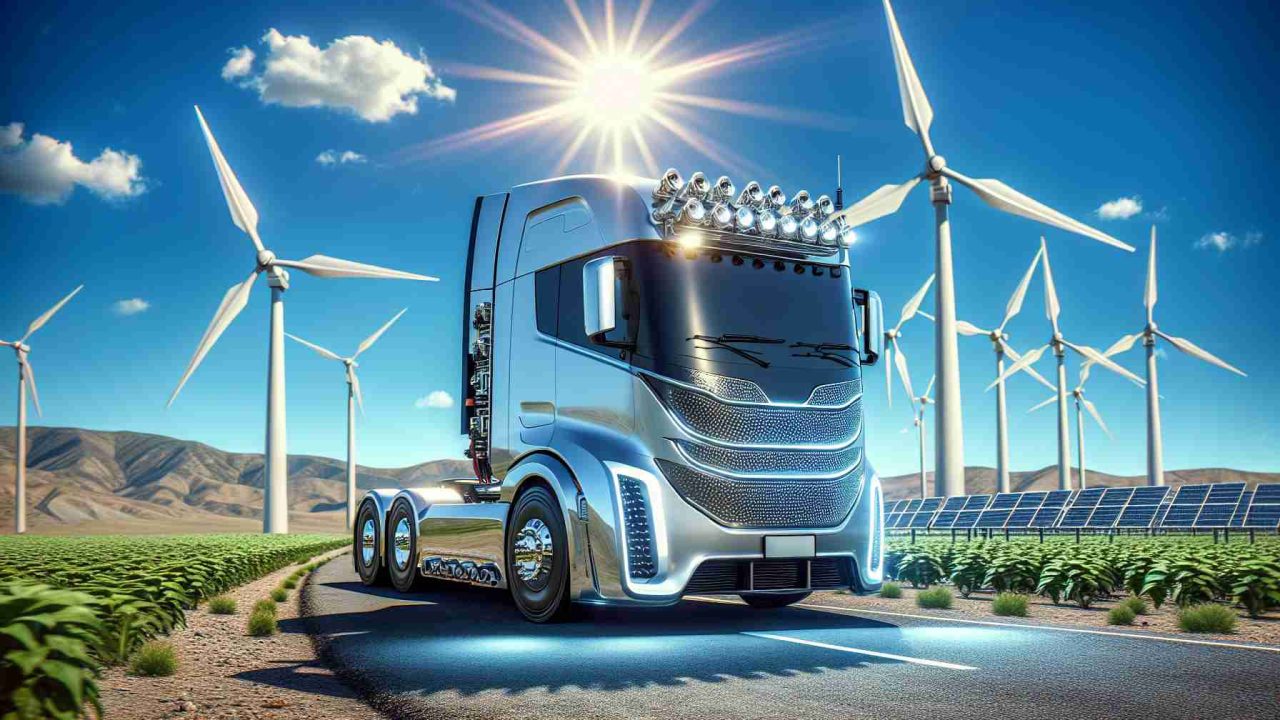 Explore an HD, realistic depiction of the future's cutting-edge technology - electric trucks. Picture one standing under the pristine blue sky, gleaming under the brilliance of the sun, showcasing great aerodynamic design, revolutionary efficient technology, and a powerful build with robust wheels. The environment should reflect sustainability, surrounded by wind turbines and solar panels, a perfect blend of nature and technology. Let us unravel the concept of a Revolution on Wheels and the future of trucking.