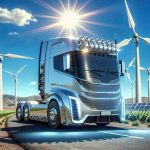 Explore an HD, realistic depiction of the future's cutting-edge technology - electric trucks. Picture one standing under the pristine blue sky, gleaming under the brilliance of the sun, showcasing great aerodynamic design, revolutionary efficient technology, and a powerful build with robust wheels. The environment should reflect sustainability, surrounded by wind turbines and solar panels, a perfect blend of nature and technology. Let us unravel the concept of a Revolution on Wheels and the future of trucking.