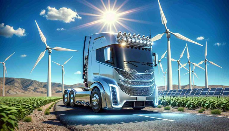 Explore an HD, realistic depiction of the future's cutting-edge technology - electric trucks. Picture one standing under the pristine blue sky, gleaming under the brilliance of the sun, showcasing great aerodynamic design, revolutionary efficient technology, and a powerful build with robust wheels. The environment should reflect sustainability, surrounded by wind turbines and solar panels, a perfect blend of nature and technology. Let us unravel the concept of a Revolution on Wheels and the future of trucking.