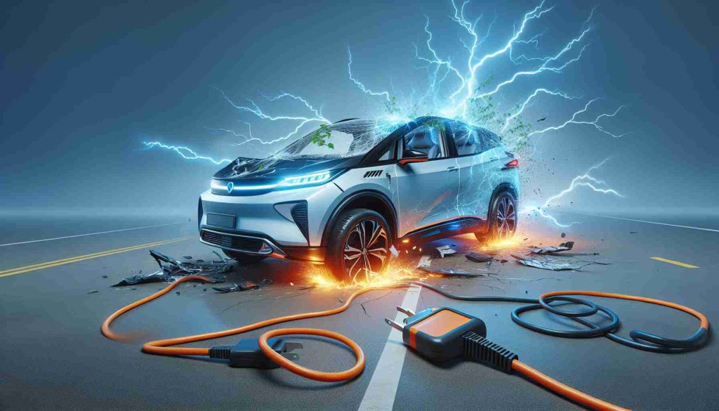 A realistic high-definition photograph depicting a startling scene. An electric sport utility vehicle has come to a standstill after being involved in a minor collision. It's a picture of an unexpected malfunction, causing a sense of shock and surprise.