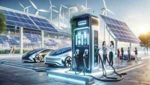 A realistic, high-definition image showing a revolutionary step-up in electric vehicle charging technology. The image depicts a futuristic charging station with slick design elements, glowing LED indicators, and charging cords with high-speed connectors. The environment reflects an advanced infrastructure supporting clean energy, featuring solar panels and wind turbines in the backdrop. The scene is busy with diverse individuals, including an East Asian woman and a Caucasian man enthusiastically discussing this innovative breakthrough, reflecting a game-changer in the world of sustainable transportation.