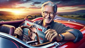 A high-definition, hyperrealistic image showcasing an influential figure in automotive journalism. The picture should feature a middle-aged, Caucasian man with glasses, grey hair, and a genuine smile on his face. He's seated behind the steering wheel of a classic red convertible sports car, with a picturesque sunset in the background. In his hands, he tightly holds a recent automobile magazine, suggesting his association with the realm of car journalism.