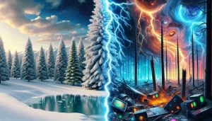 A highly-detailed and realistic depiction of a stark contrast of scenery. One side of the image showcases a picturesque Winter Wonderland, filled with evergreen trees heavily adorned with glistening snow. Icicles hang from tree branches, reflecting the soft winter sunlight, while a frozen lake glimmers under the pale blue sky. On the other side, an Electric Nightmare teems amidst a chaotic storm. Lightning bolts illuminate a devastated landscape, aglow with unnatural neon colors. Broken technology and electric sparks scatter the ground, with a vortex of pulsating energy in the night sky. Decide the story that unfolds between these two drastically different worlds.