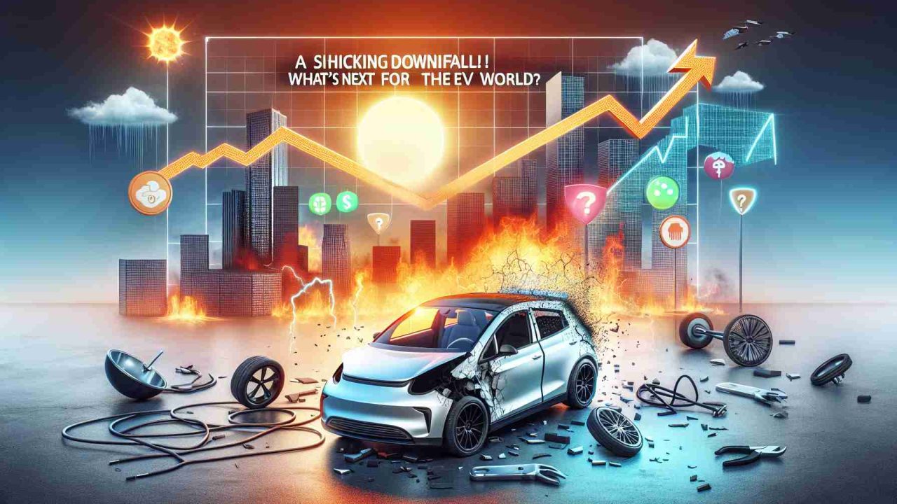 A high definition realistic image depicting the metaphorical downfall of a generic electric vehicle company. The image can include symbols like a broken electric car or a declining company stock graph. In the background, raise questions about the future of the electric vehicle industry with symbols like a rising sun or uncertain weather. Include the text 'A Shocking Downfall in Electric Dreams! What’s Next for the EV World?' prominently in the image.