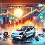 A high definition realistic image depicting the metaphorical downfall of a generic electric vehicle company. The image can include symbols like a broken electric car or a declining company stock graph. In the background, raise questions about the future of the electric vehicle industry with symbols like a rising sun or uncertain weather. Include the text 'A Shocking Downfall in Electric Dreams! What’s Next for the EV World?' prominently in the image.