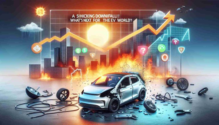 A high definition realistic image depicting the metaphorical downfall of a generic electric vehicle company. The image can include symbols like a broken electric car or a declining company stock graph. In the background, raise questions about the future of the electric vehicle industry with symbols like a rising sun or uncertain weather. Include the text 'A Shocking Downfall in Electric Dreams! What’s Next for the EV World?' prominently in the image.