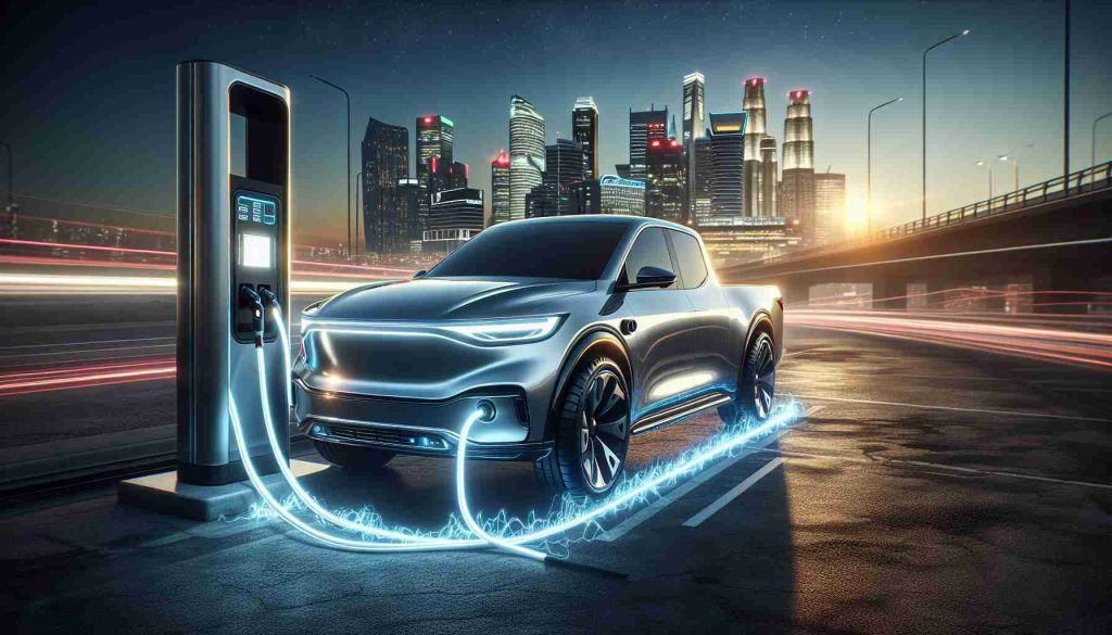 Realistic high-definition image depicting the concept of 'Unleashing the Power: The Rise of Electric Pickups'. An electric pickup truck, sleek in design with a glossy metallic finish, charges in the foreground at a modern charging station. LED headlights blaze forward while energy pulses visibly through charging cables. In the background, a city skyline at dusk symbolizes the shift towards a future powered by electricity. The focus is on innovation, strength, and sustainability.