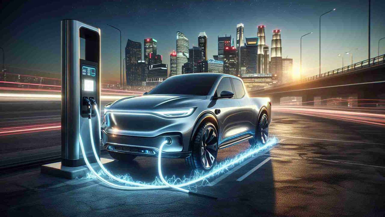 Realistic high-definition image depicting the concept of 'Unleashing the Power: The Rise of Electric Pickups'. An electric pickup truck, sleek in design with a glossy metallic finish, charges in the foreground at a modern charging station. LED headlights blaze forward while energy pulses visibly through charging cables. In the background, a city skyline at dusk symbolizes the shift towards a future powered by electricity. The focus is on innovation, strength, and sustainability.