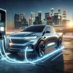 Realistic high-definition image depicting the concept of 'Unleashing the Power: The Rise of Electric Pickups'. An electric pickup truck, sleek in design with a glossy metallic finish, charges in the foreground at a modern charging station. LED headlights blaze forward while energy pulses visibly through charging cables. In the background, a city skyline at dusk symbolizes the shift towards a future powered by electricity. The focus is on innovation, strength, and sustainability.