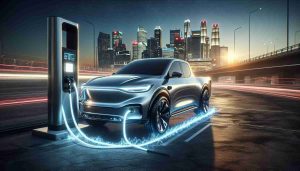 Realistic high-definition image depicting the concept of 'Unleashing the Power: The Rise of Electric Pickups'. An electric pickup truck, sleek in design with a glossy metallic finish, charges in the foreground at a modern charging station. LED headlights blaze forward while energy pulses visibly through charging cables. In the background, a city skyline at dusk symbolizes the shift towards a future powered by electricity. The focus is on innovation, strength, and sustainability.