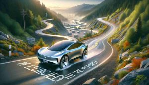 A vibrant and realistic high-definition illustration representing the future of electric vehicles. This should incorporate a sleek, futuristic electric vehicle navigating a winding, rocky road, symbolizing the challenging journey ahead. The vehicle should be off-grey in color to represent Rivian's distinctive aesthetic, but not branded to avoid specifics. The environment should be a mix of serene countryside and cutting-edge urban infrastructure to denote the transition of technology, and the passage should have potential obstacles, highlighting the difficulties in the path of progress. Please, add the text 'Are Electric Vehicles the Future?' in bold, legible font.