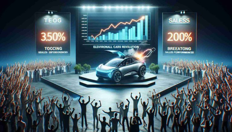 A high-definition, realistic image depicting the excitement, charge, and success of an electric car revolution. Primarily showcasing a Togg T10X, a sleek, innovative electric vehicle, breaking sales records. This scene includes jubilant crowds, chest-thumping advertisements, and sales graphs indicating phenomenal performance. The sensation, power, and modern aesthetic of the electric vehicle industry are clearly sensed.