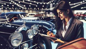 Generate a crystal-clear, high definition image of a rising star in automotive journalism, deeply engrossed in her passion for cars. She is of South Asian descent, donning stylish business attire and notepad in hand, as she enthusiastically inspects a classic vintage car. Her attention to detail and finesse are evidently seen as she scribbles her observations, capturing the aesthetics and mechanics of the car. The backdrop is a well-lit car show, with rows of gleaming vehicles on display. Additionally, one can see the eager anticipation in the eyes of the crowd, awaiting her expert insights into the automobile industry.