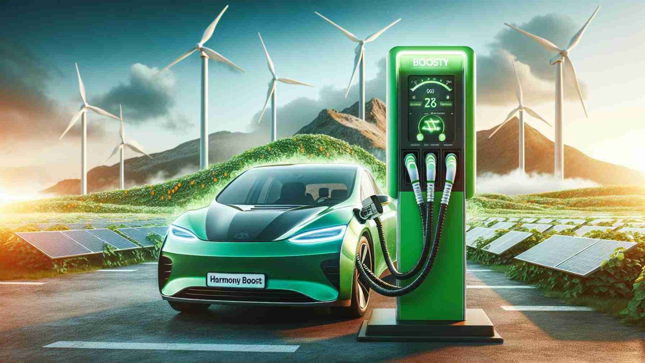 Generate a high-definition, realistic image of an innovative and revolutionary electric vehicle charging solution. The charging station should be clearly green, signifying its environmental friendliness. The charging station is branded as 'Harmony Boost', indicating its aim to provide power in harmony with nature. The background can show sustainable energy sources like windmills or solar panels to further emphasize its green technology roots.