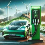 Generate a high-definition, realistic image of an innovative and revolutionary electric vehicle charging solution. The charging station should be clearly green, signifying its environmental friendliness. The charging station is branded as 'Harmony Boost', indicating its aim to provide power in harmony with nature. The background can show sustainable energy sources like windmills or solar panels to further emphasize its green technology roots.