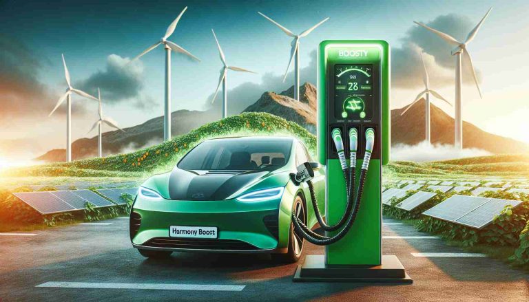 Generate a high-definition, realistic image of an innovative and revolutionary electric vehicle charging solution. The charging station should be clearly green, signifying its environmental friendliness. The charging station is branded as 'Harmony Boost', indicating its aim to provide power in harmony with nature. The background can show sustainable energy sources like windmills or solar panels to further emphasize its green technology roots.